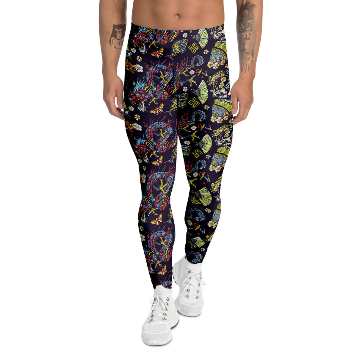 Japanese Dragons And Cat Tattoo Print Pattern Men's Leggings-grizzshop