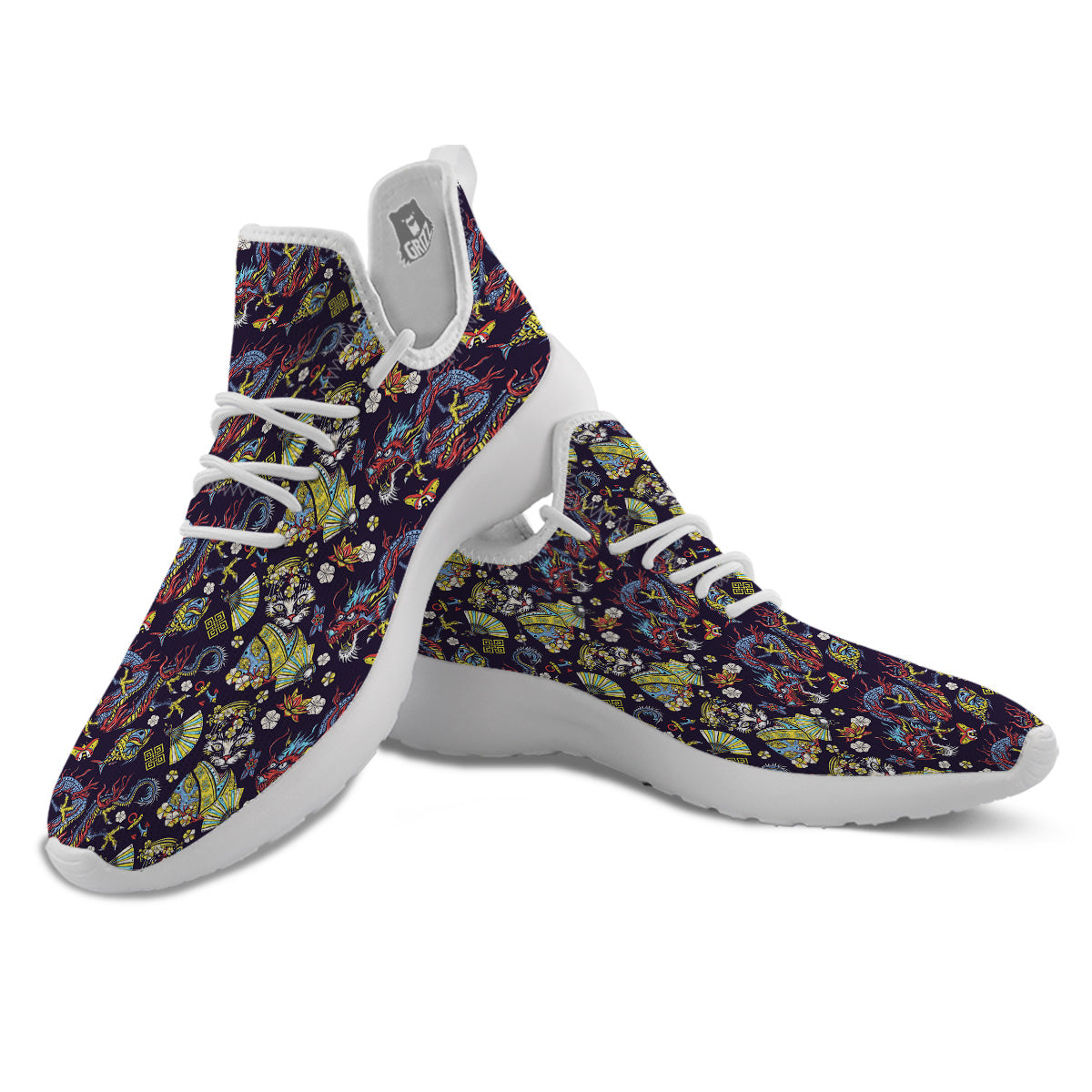 Japanese Dragons And Cat Tattoo Print Pattern White Athletic Shoes-grizzshop