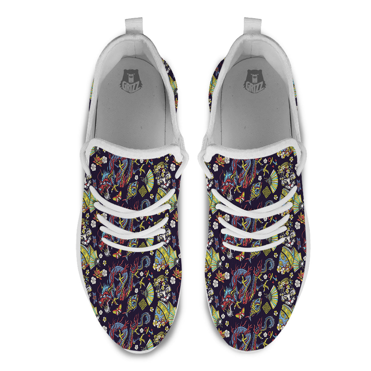 Japanese Dragons And Cat Tattoo Print Pattern White Athletic Shoes-grizzshop