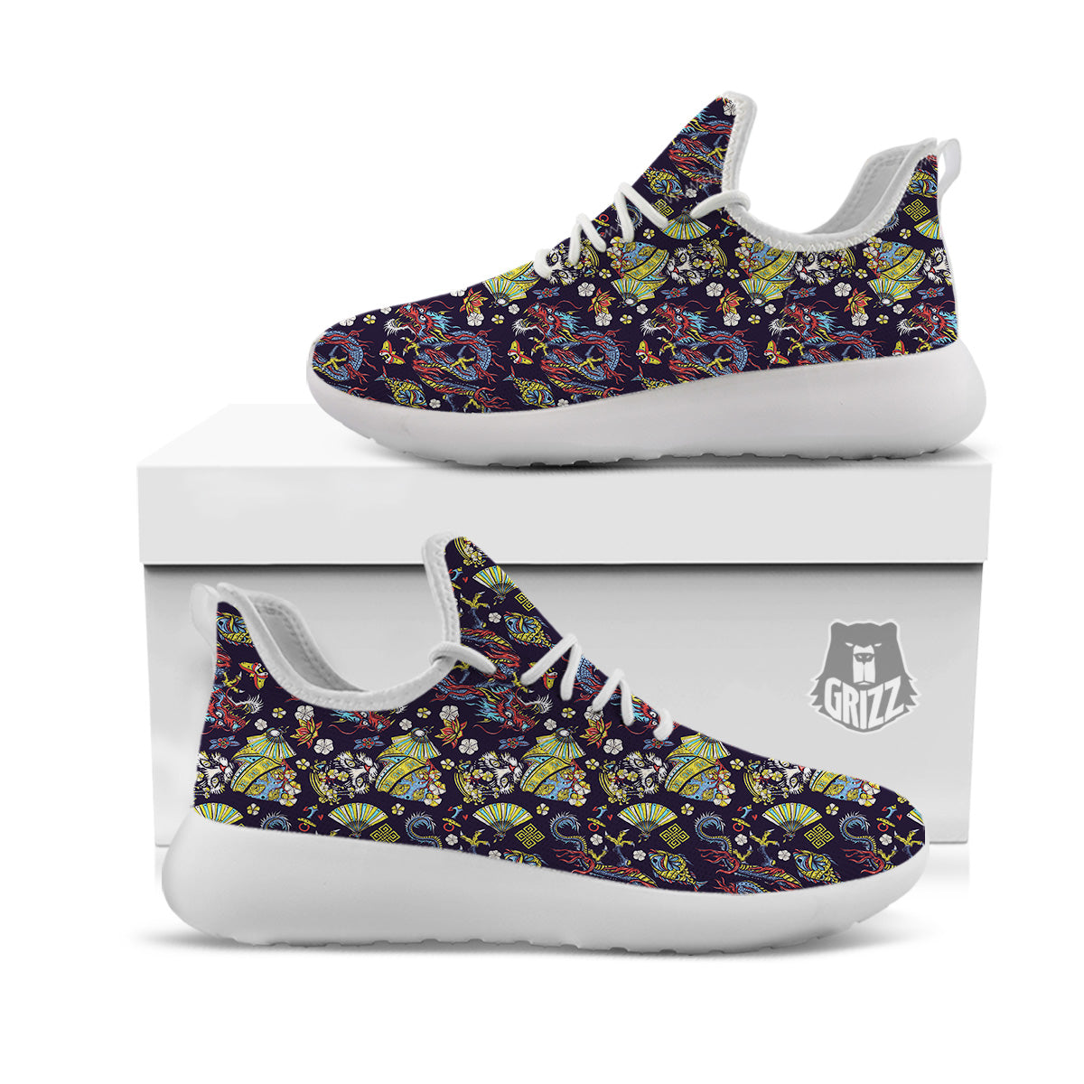 Japanese Dragons And Cat Tattoo Print Pattern White Athletic Shoes-grizzshop