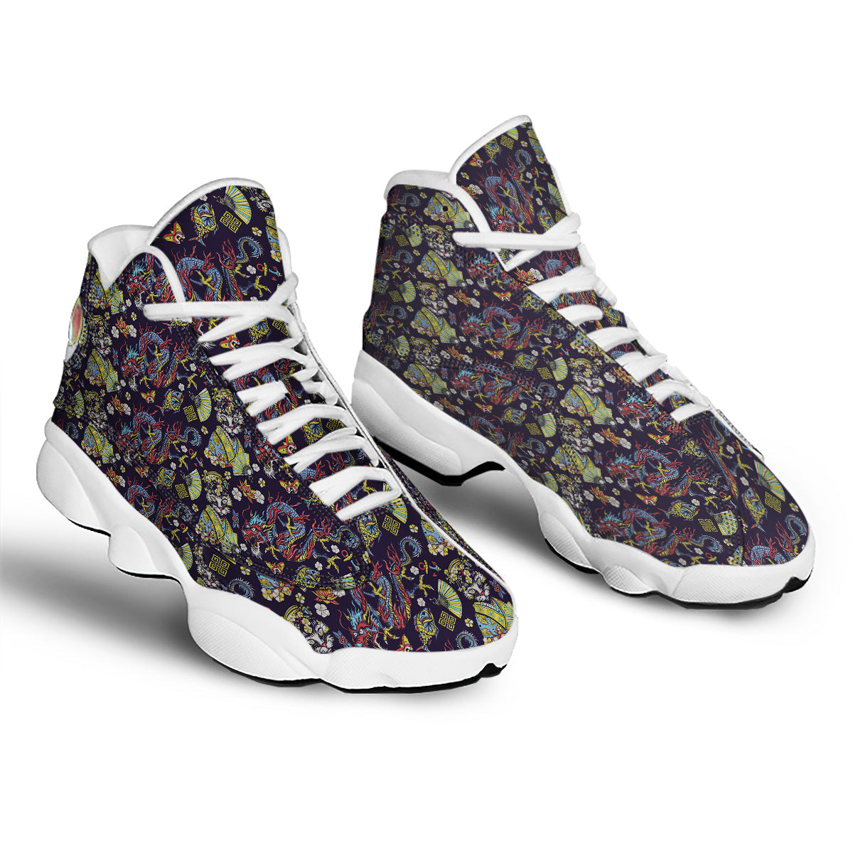 Japanese Dragons And Cat Tattoo Print Pattern White Basketball Shoes-grizzshop