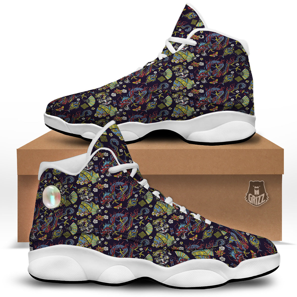 Japanese Dragons And Cat Tattoo Print Pattern White Basketball Shoes-grizzshop