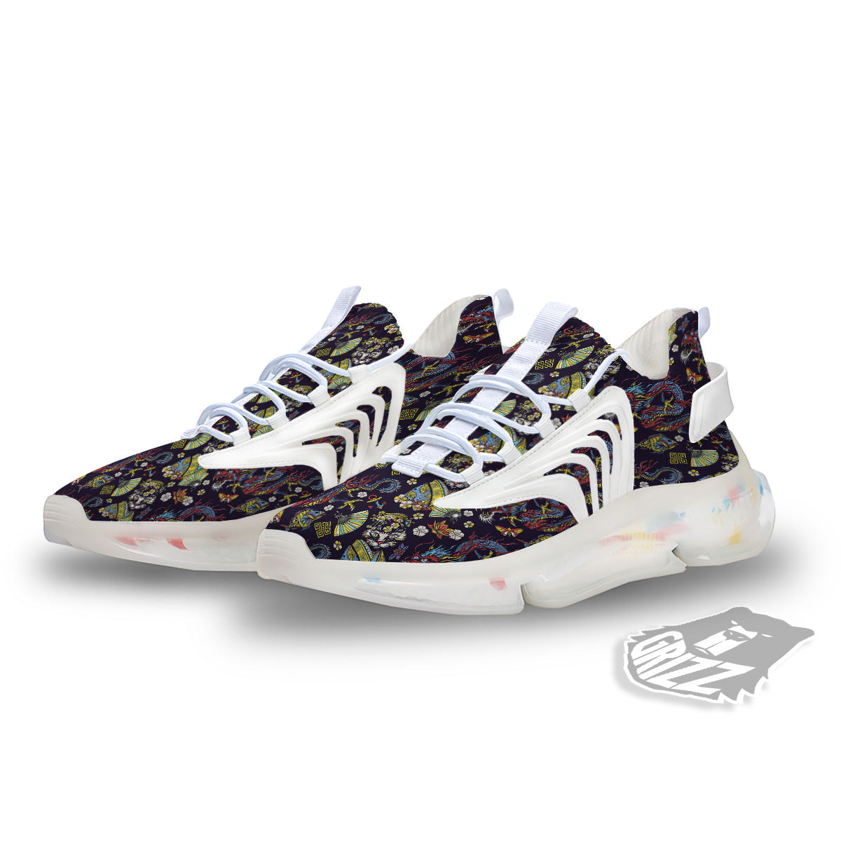 Japanese Dragons And Cat Tattoo Print Pattern White Gym Shoes-grizzshop