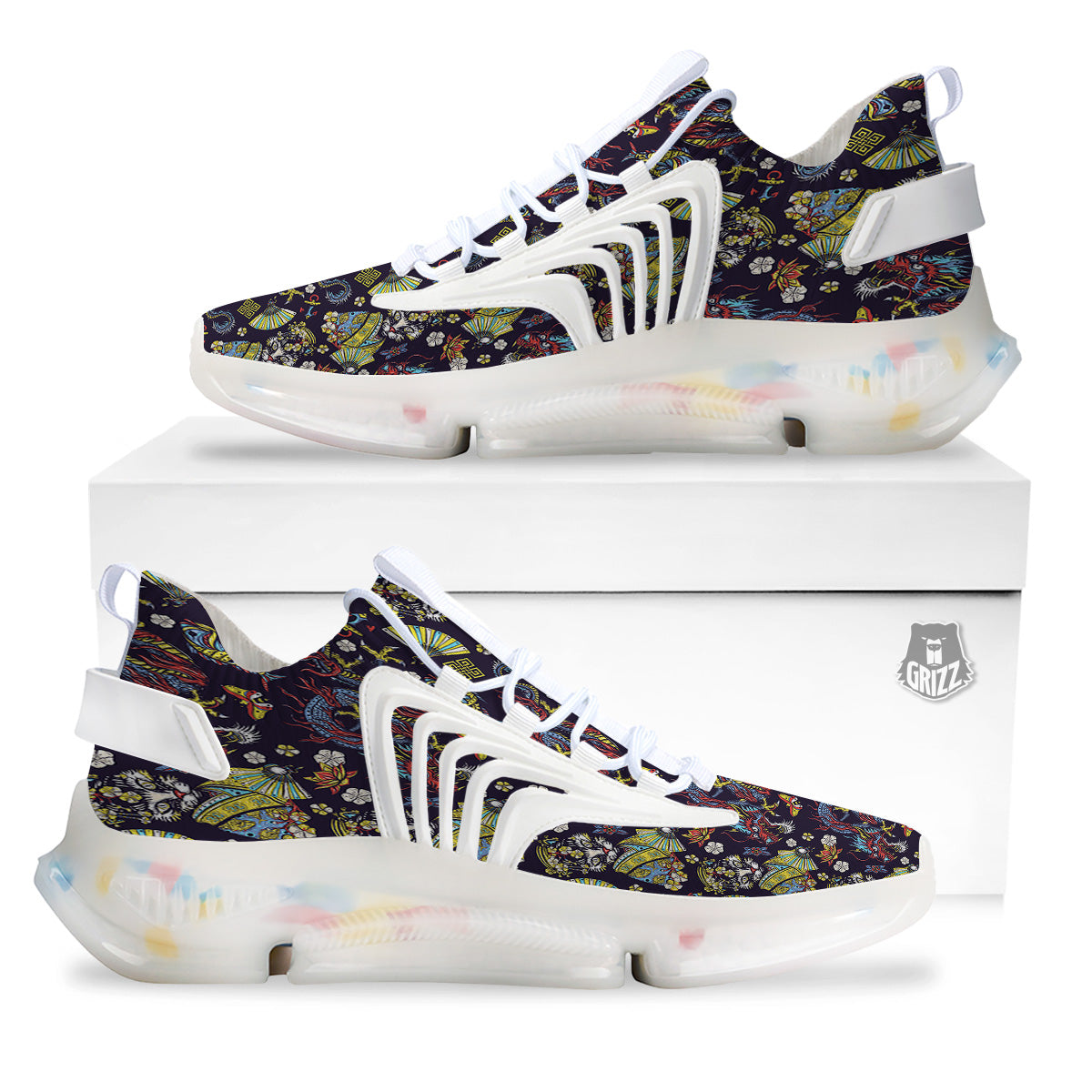 Japanese Dragons And Cat Tattoo Print Pattern White Gym Shoes-grizzshop