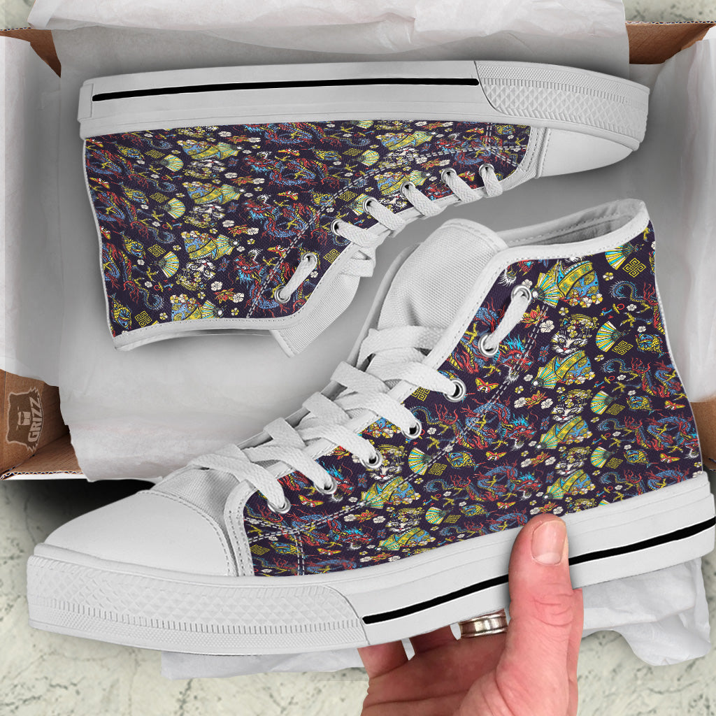Japanese Dragons And Cat Tattoo Print Pattern White High Top Shoes-grizzshop