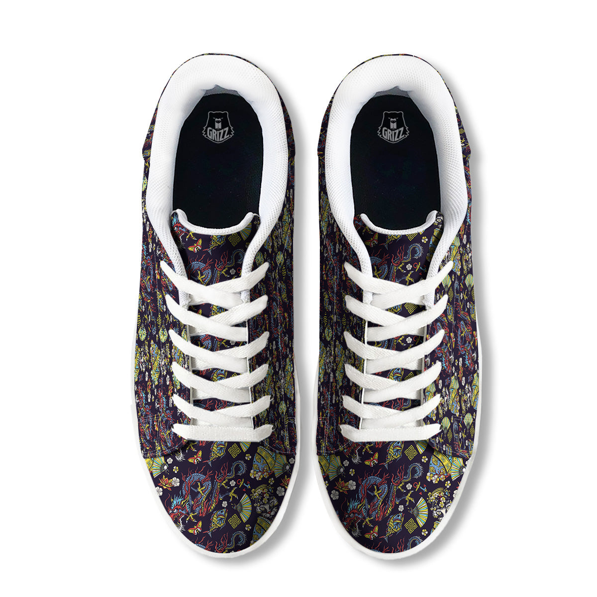 Japanese Dragons And Cat Tattoo Print Pattern White Low Top Sneakers-grizzshop