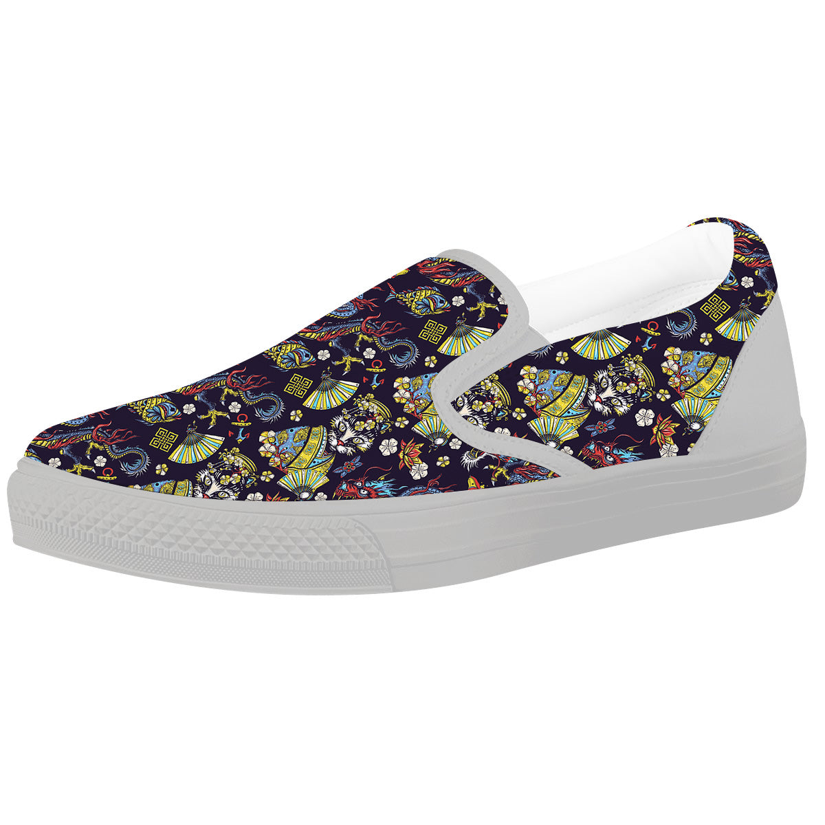 Japanese Dragons And Cat Tattoo Print Pattern White Slip On Shoes-grizzshop
