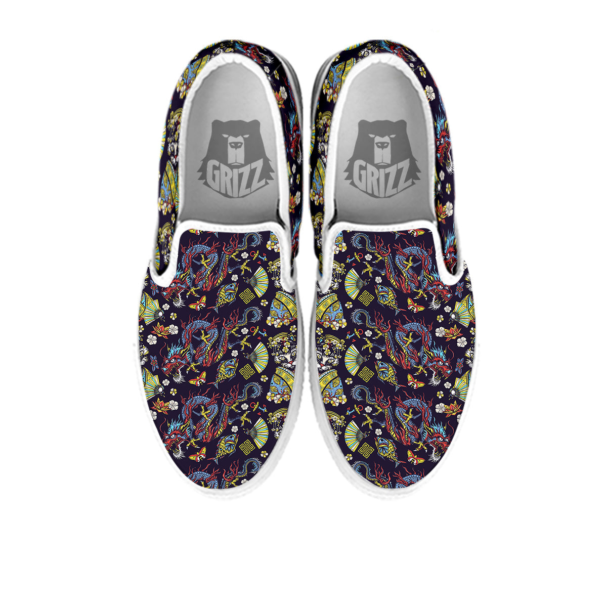 Japanese Dragons And Cat Tattoo Print Pattern White Slip On Shoes-grizzshop