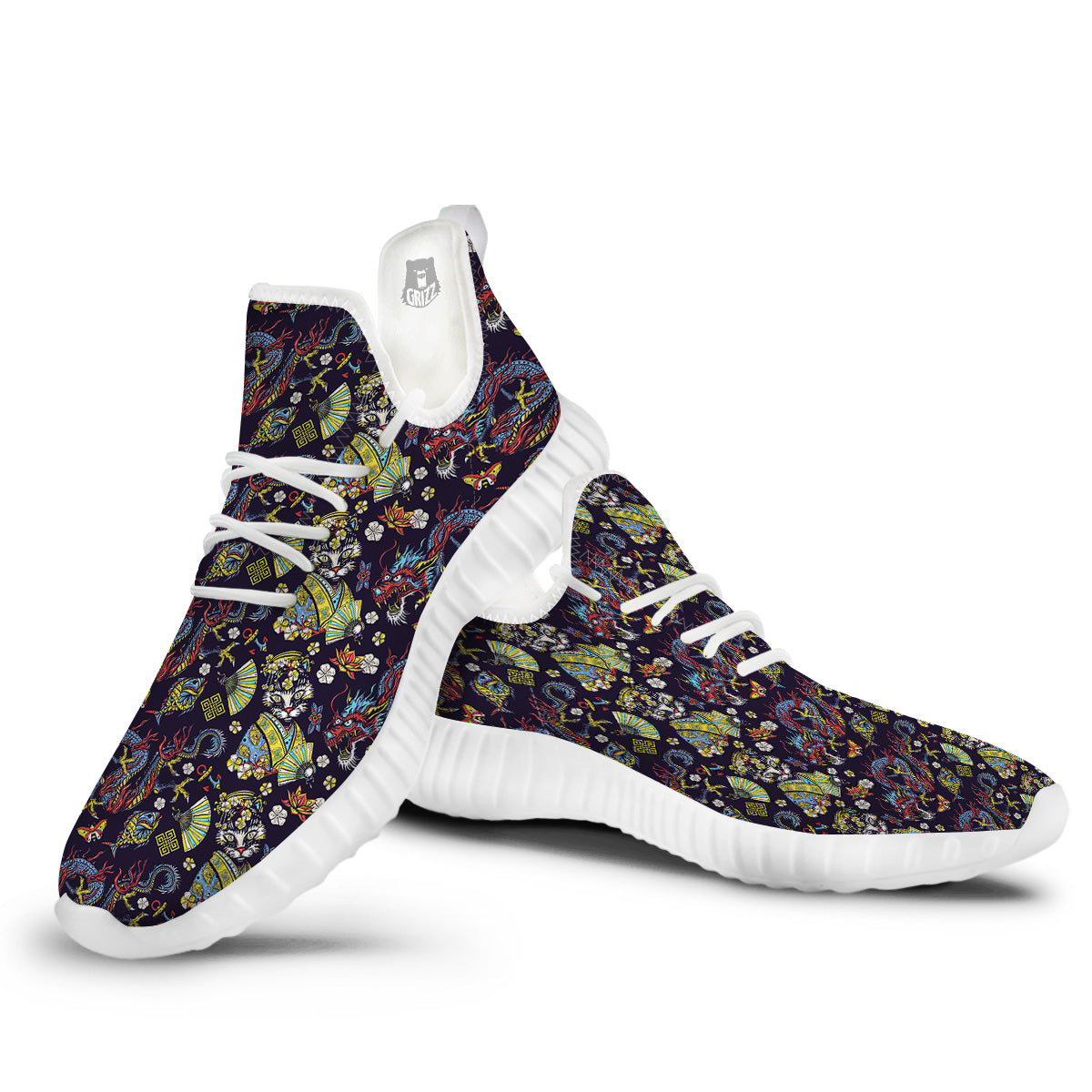 Japanese Dragons And Cat Tattoo Print Pattern White Walking Shoes-grizzshop