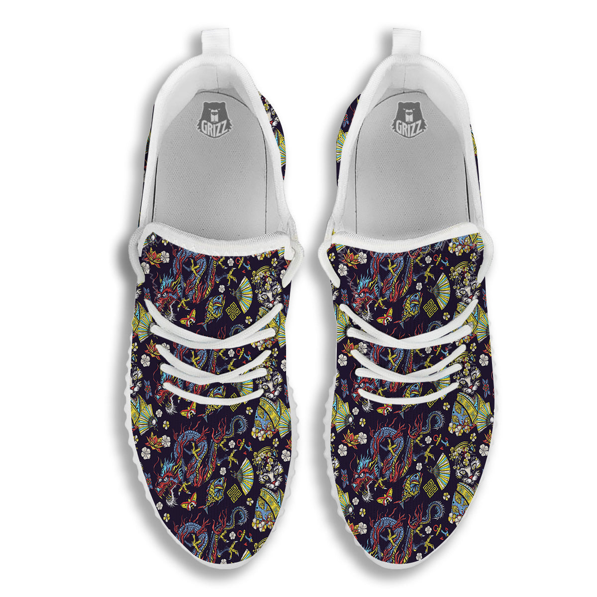 Japanese Dragons And Cat Tattoo Print Pattern White Walking Shoes-grizzshop