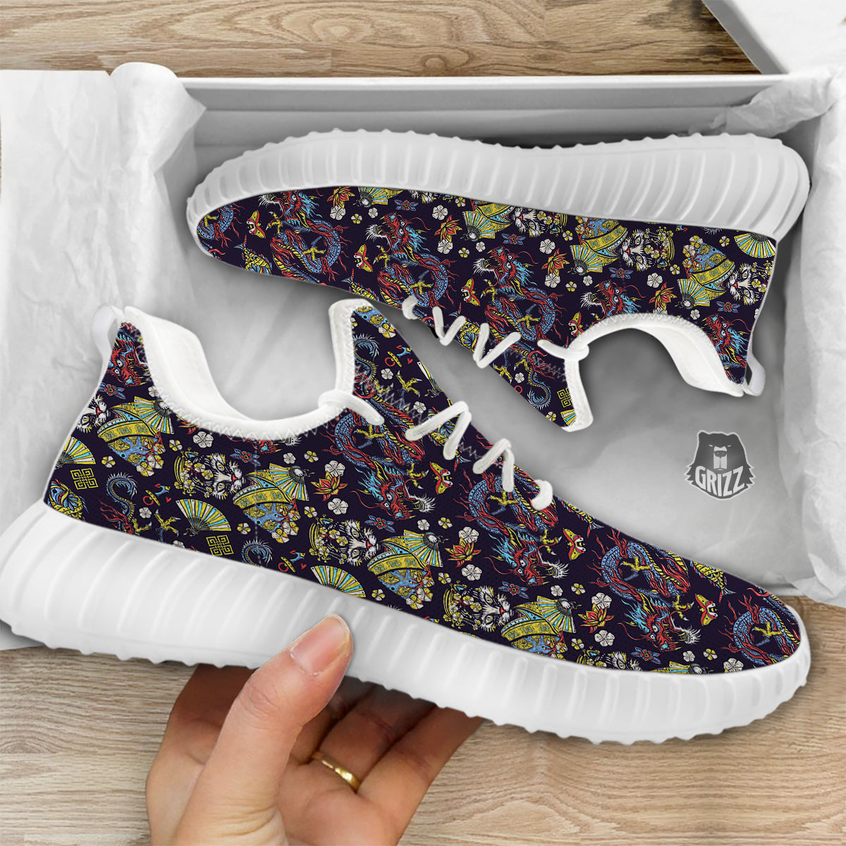 Japanese Dragons And Cat Tattoo Print Pattern White Walking Shoes-grizzshop