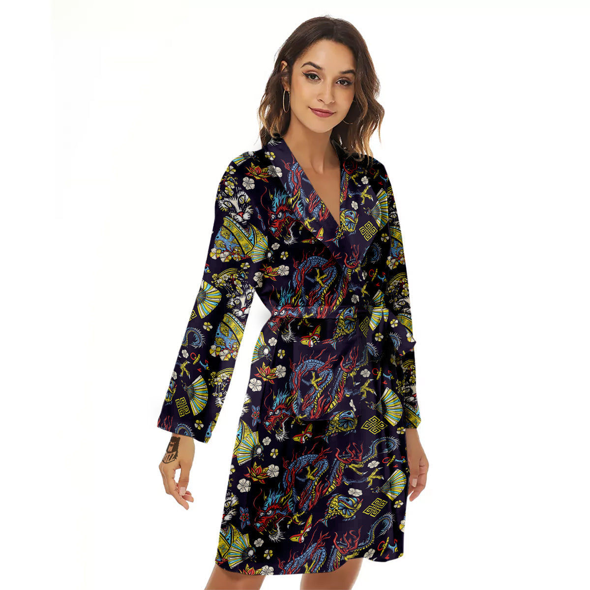 Japanese Dragons And Cat Tattoo Print Pattern Women's Robe-grizzshop
