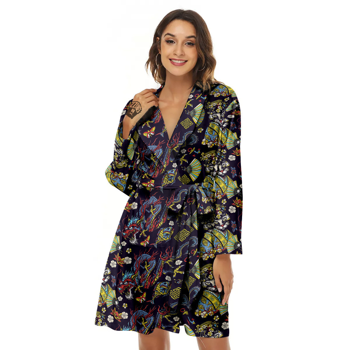 Japanese Dragons And Cat Tattoo Print Pattern Women's Robe-grizzshop