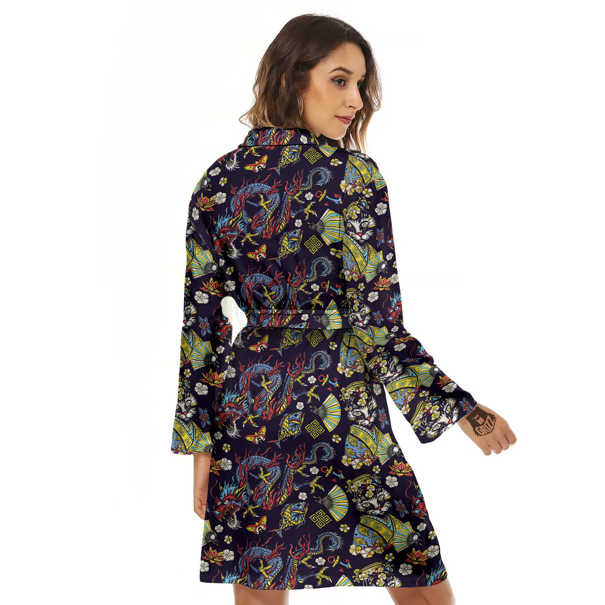 Japanese Dragons And Cat Tattoo Print Pattern Women's Robe-grizzshop