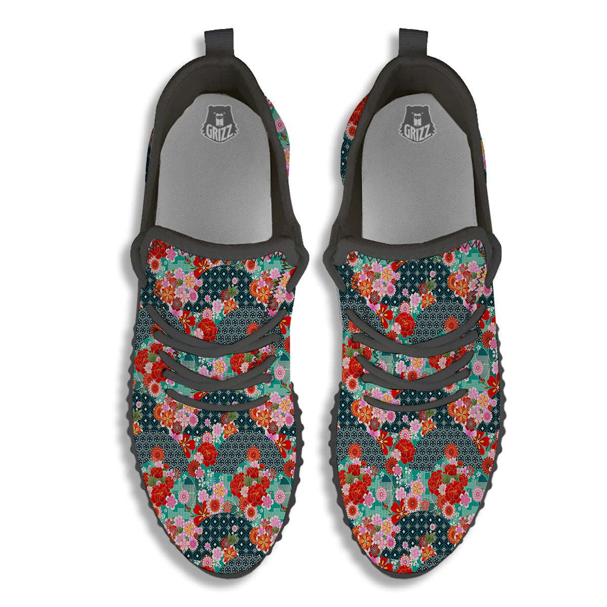 Japanese Flower Colorful Print Pattern Colorful Black Walking Shoes-grizzshop