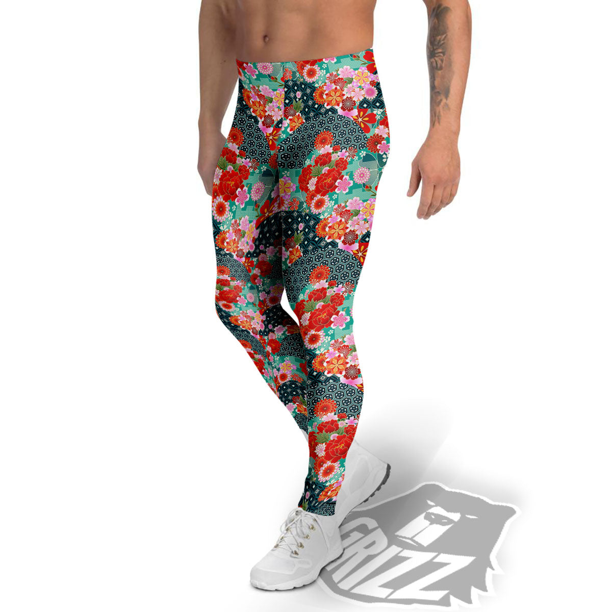 Japanese Flower Colorful Print Pattern Colorful Men's Leggings-grizzshop