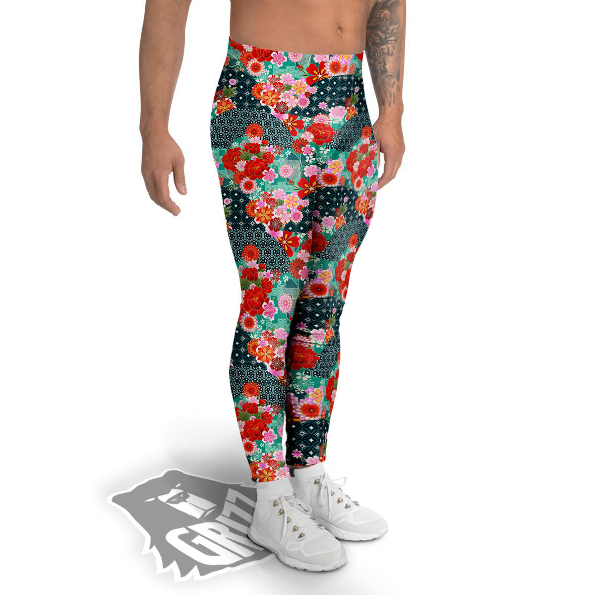 Japanese Flower Colorful Print Pattern Colorful Men's Leggings-grizzshop