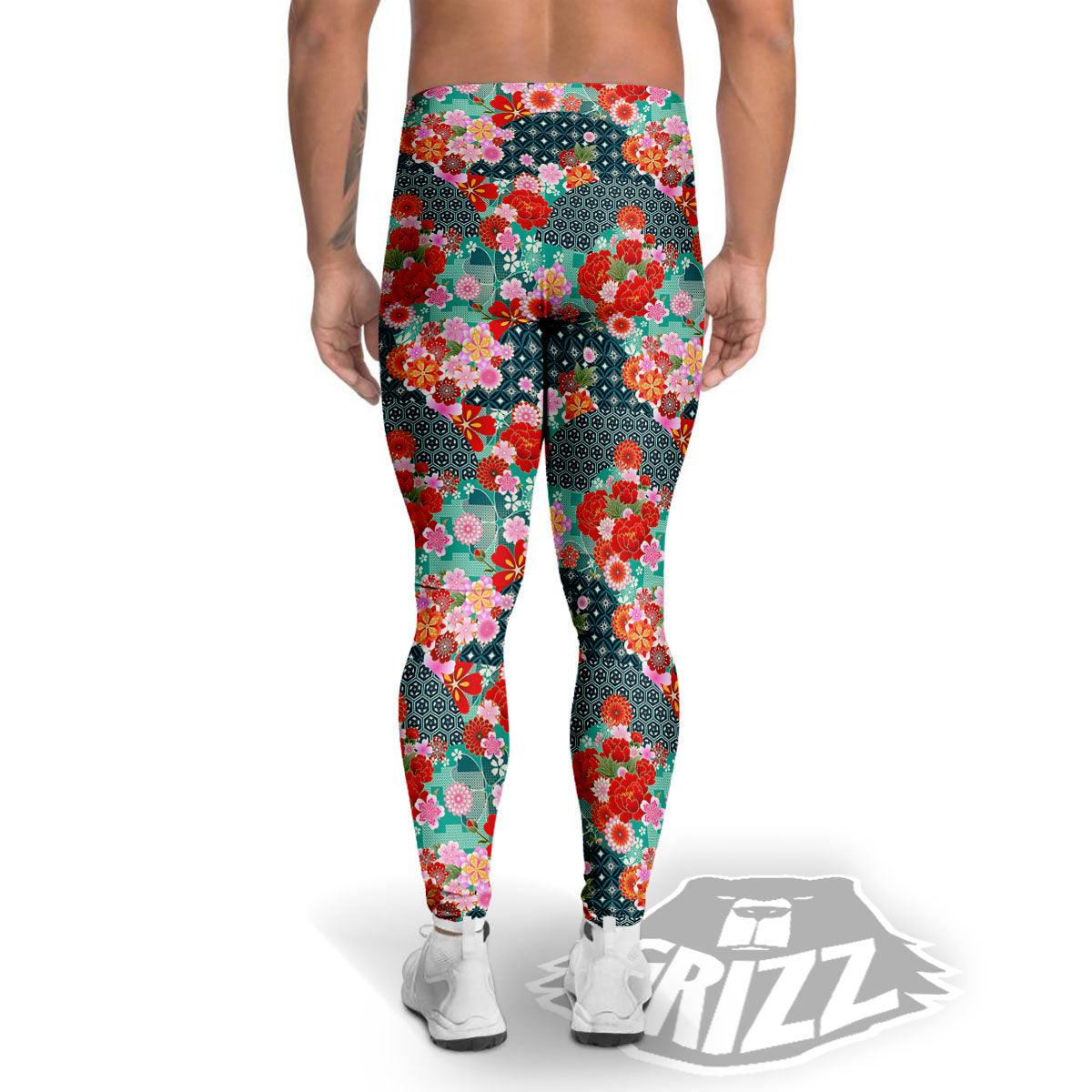 Japanese Flower Colorful Print Pattern Colorful Men's Leggings-grizzshop