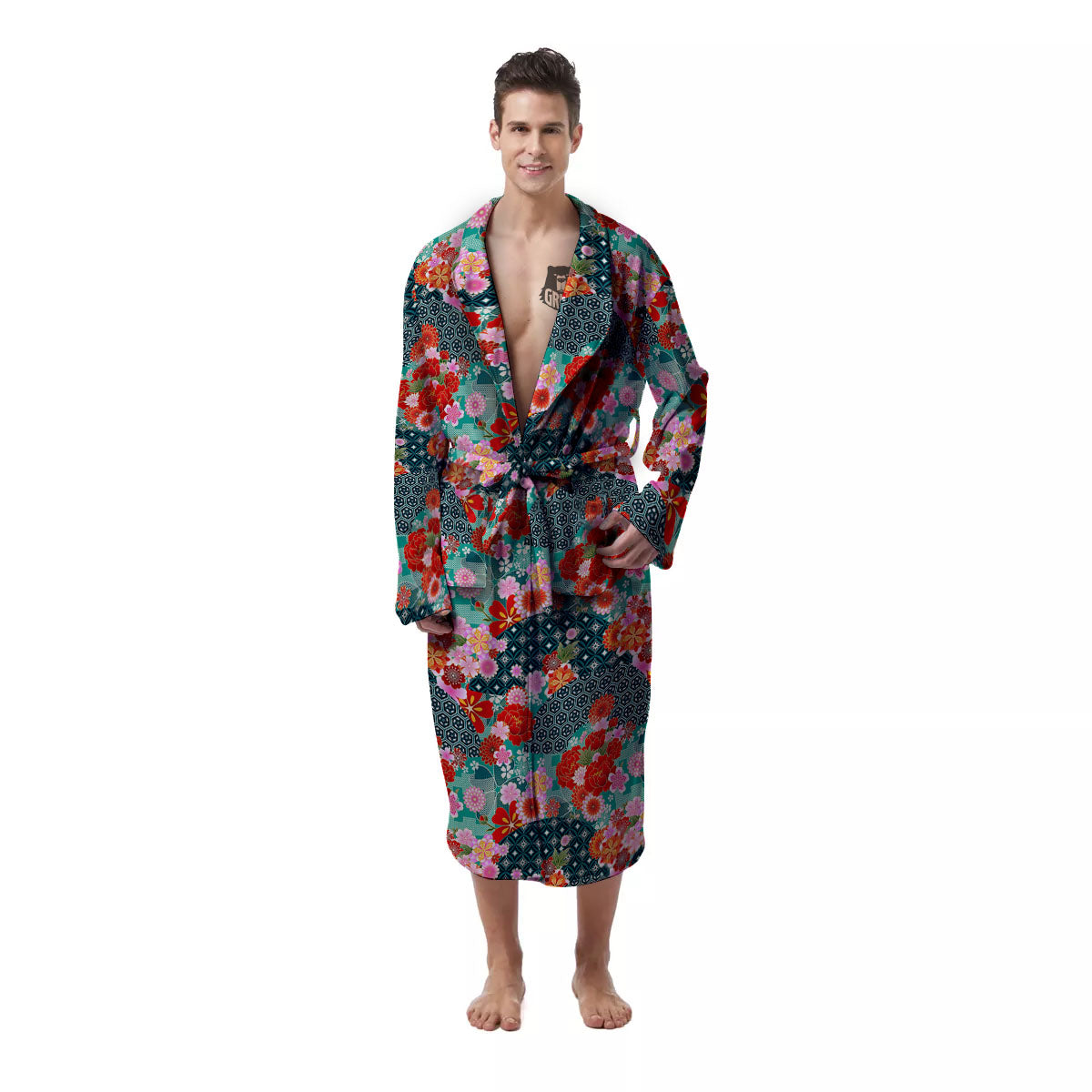 Japanese Flower Colorful Print Pattern Colorful Men's Robe