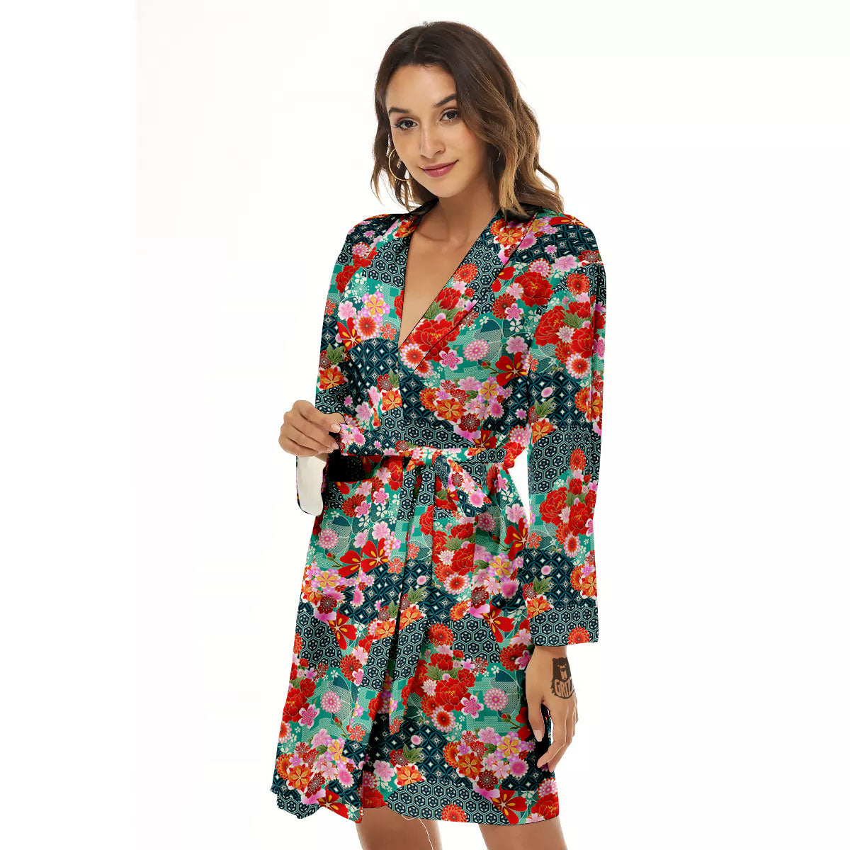 Japanese Flower Colorful Print Pattern Colorful Women's Robe-grizzshop