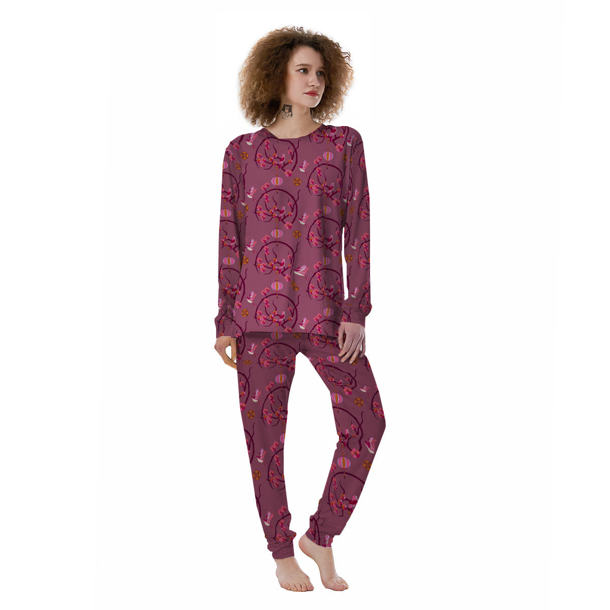 Japanese Lantern Pink Print Pattern Women's Pajamas-grizzshop