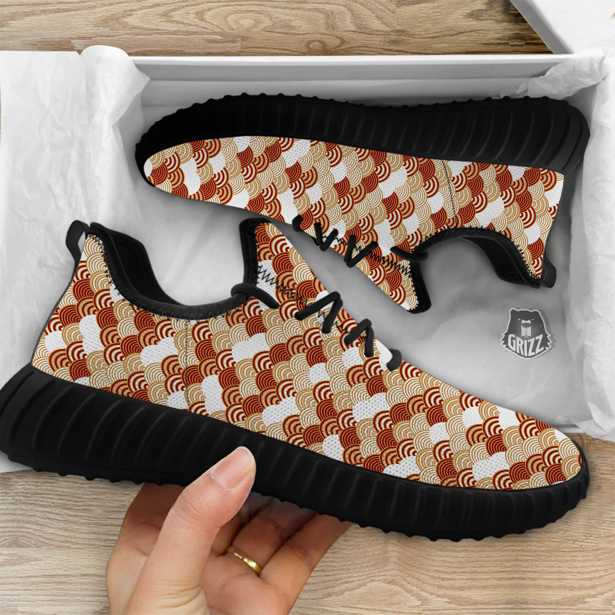 Japanese Red And Beige Print Pattern Black Walking Shoes-grizzshop