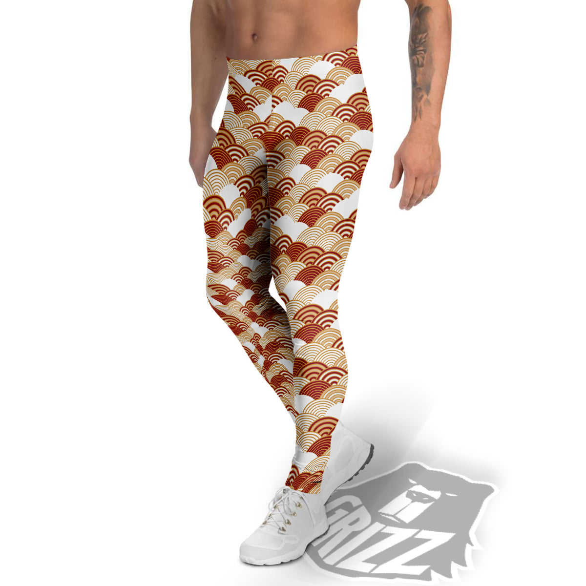 Japanese Red And Beige Print Pattern Men's Leggings-grizzshop