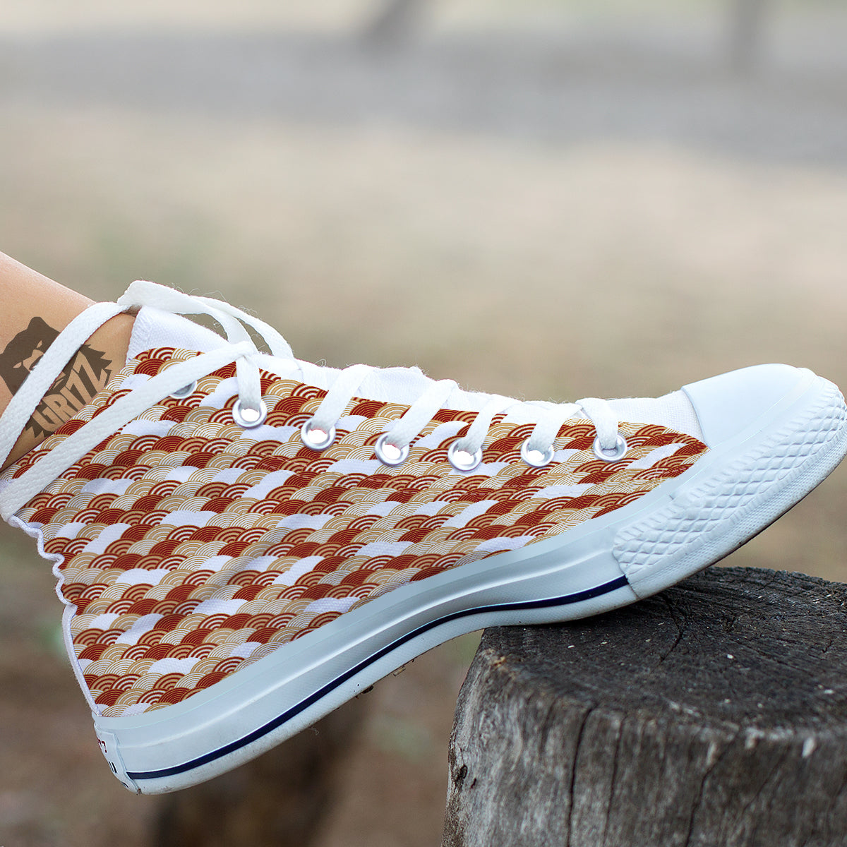 Japanese Red And Beige Print Pattern White High Top Shoes-grizzshop