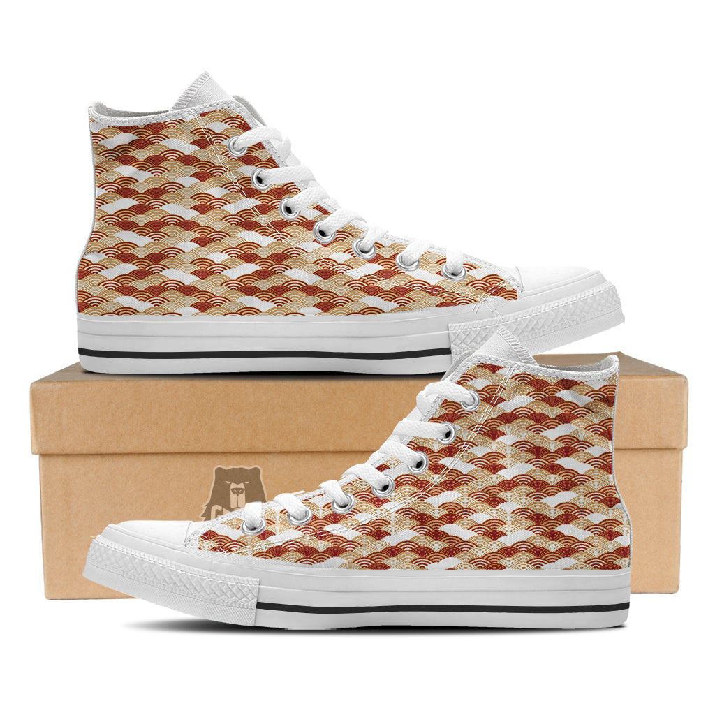Japanese Red And Beige Print Pattern White High Top Shoes-grizzshop