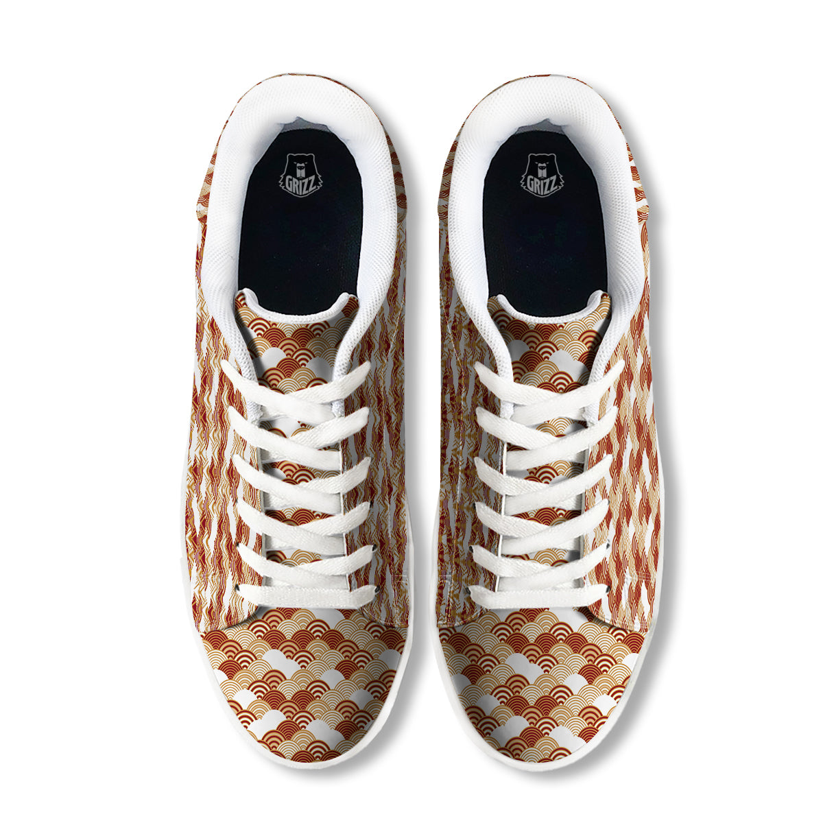 Japanese Red And Beige Print Pattern White Low Top Sneakers-grizzshop