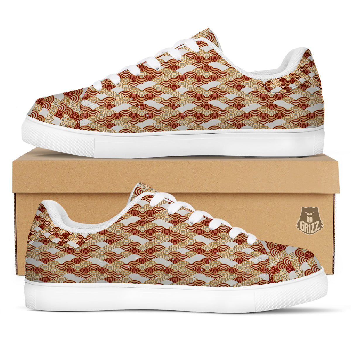 Japanese Red And Beige Print Pattern White Low Top Sneakers-grizzshop