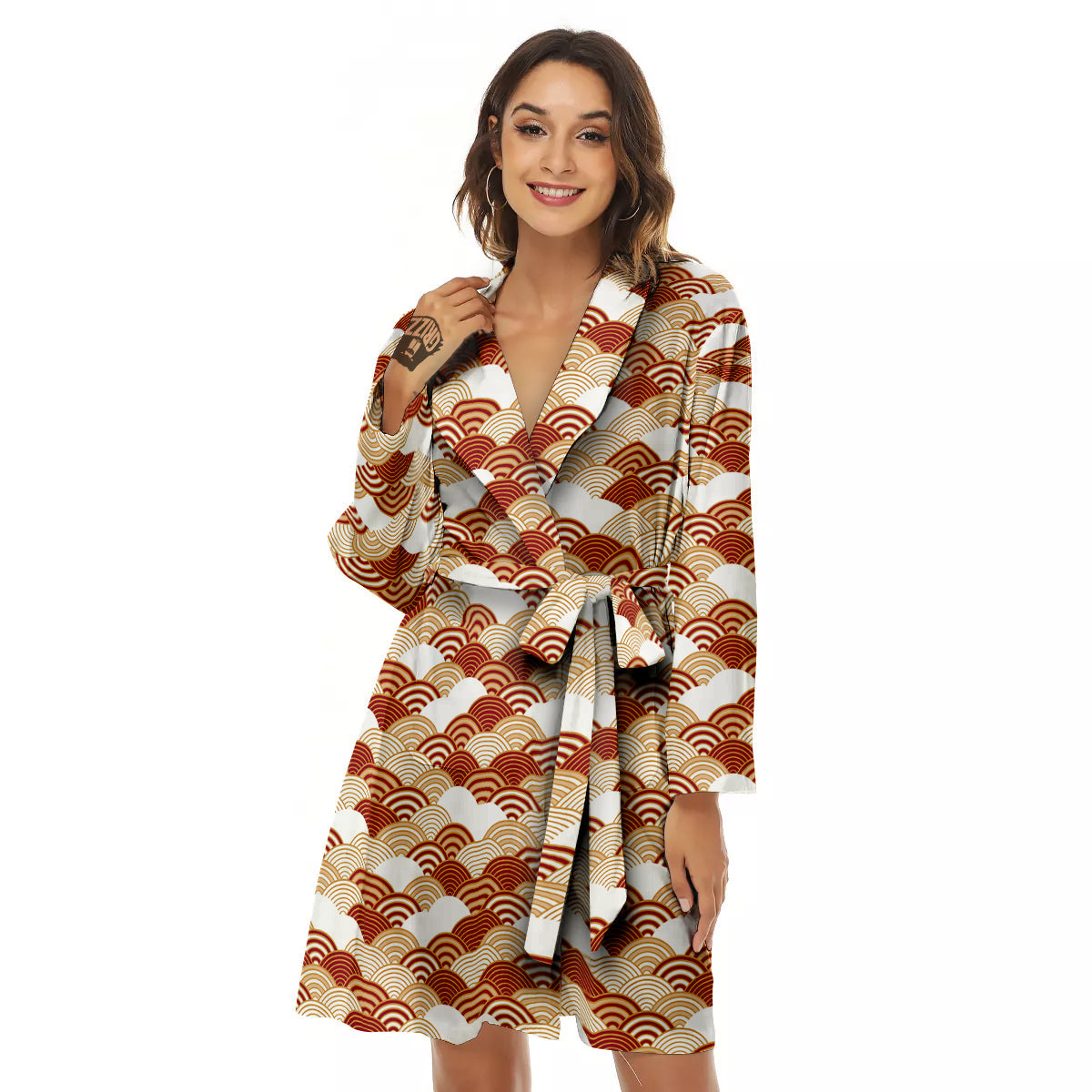 Japanese Red And Beige Print Pattern Women's Robe-grizzshop