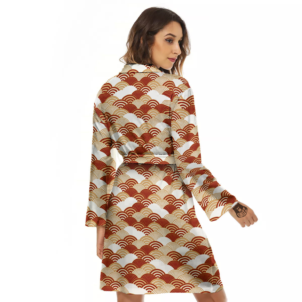 Japanese Red And Beige Print Pattern Women's Robe-grizzshop