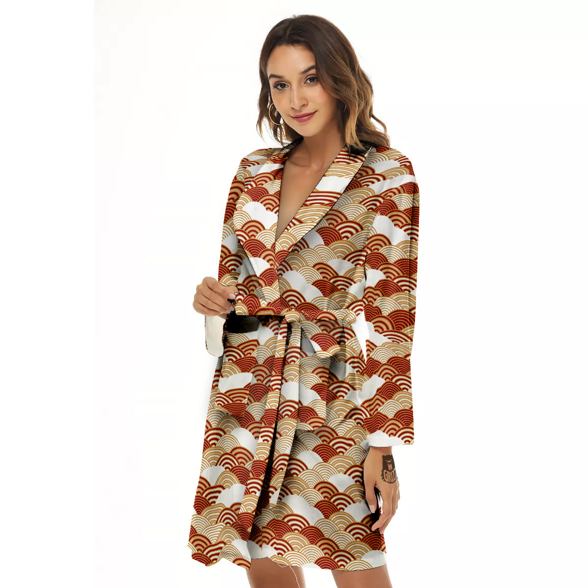 Japanese Red And Beige Print Pattern Women's Robe-grizzshop