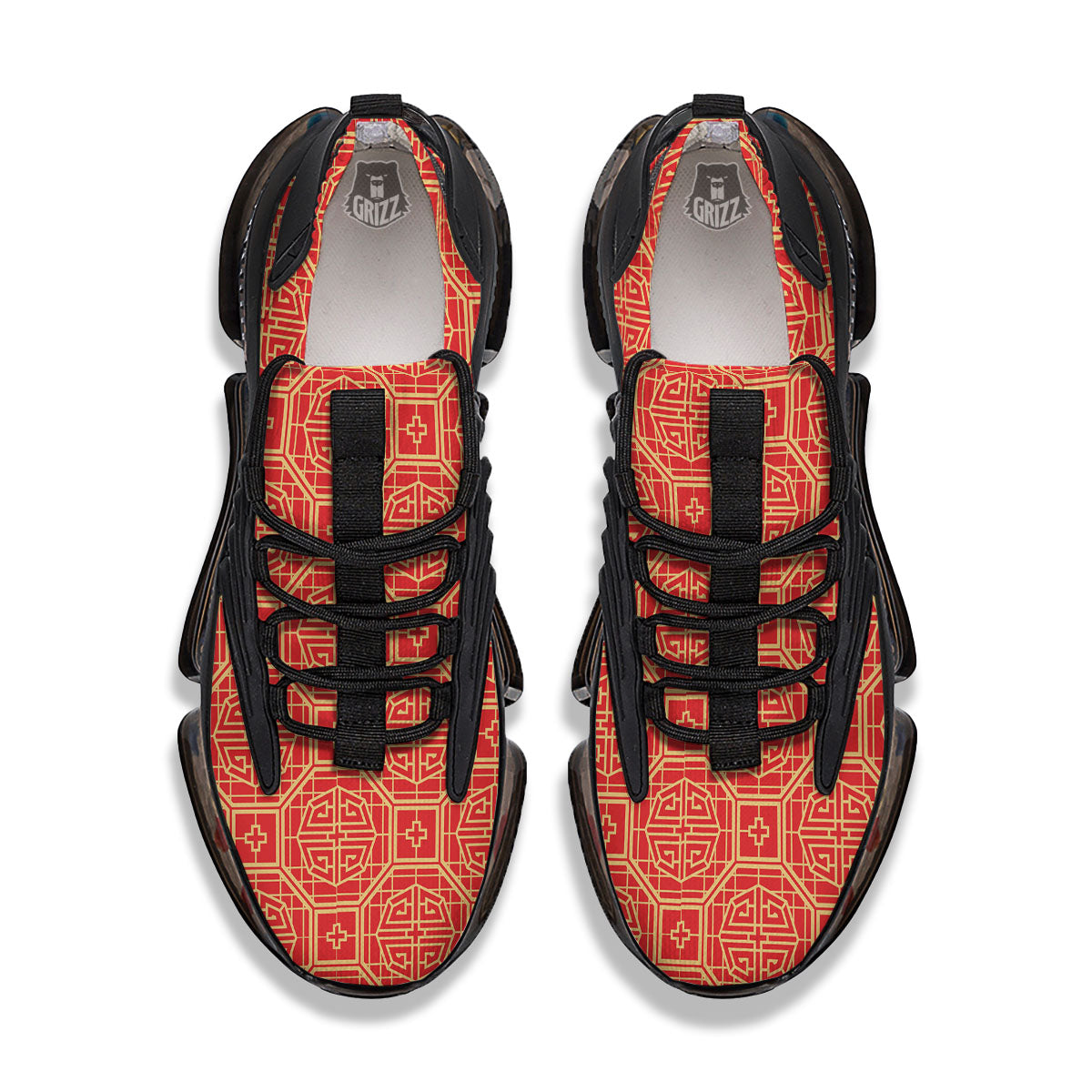 Japanese Red Geometric Print Pattern Black Gym Shoes-grizzshop
