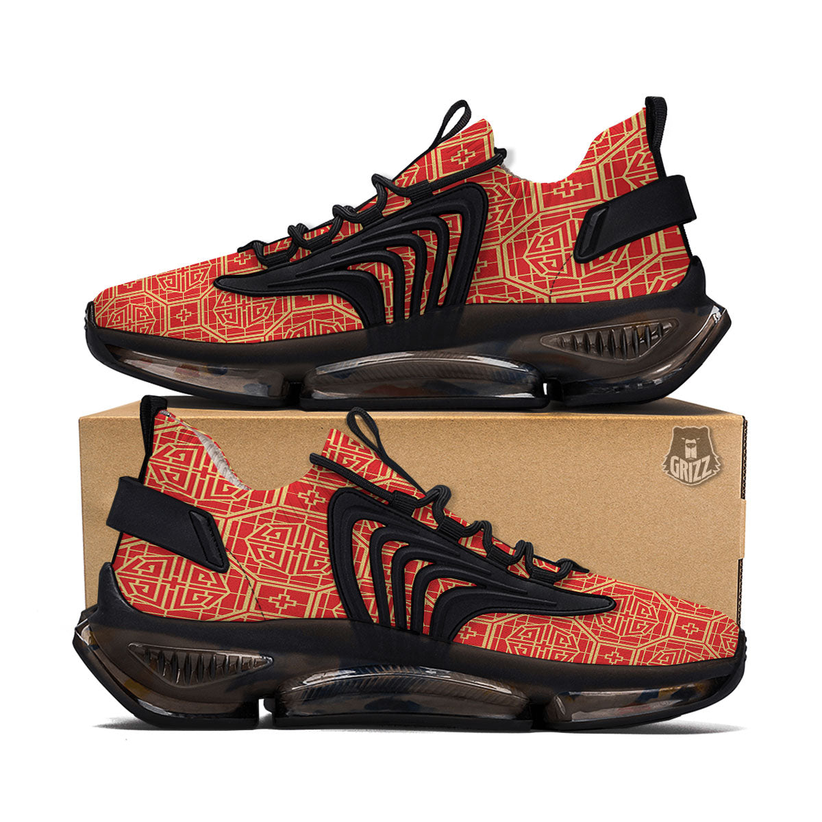 Japanese Red Geometric Print Pattern Black Gym Shoes-grizzshop