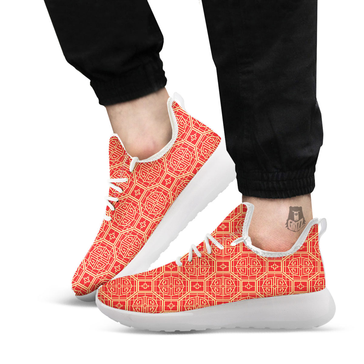 Japanese Red Geometric Print Pattern White Athletic Shoes-grizzshop