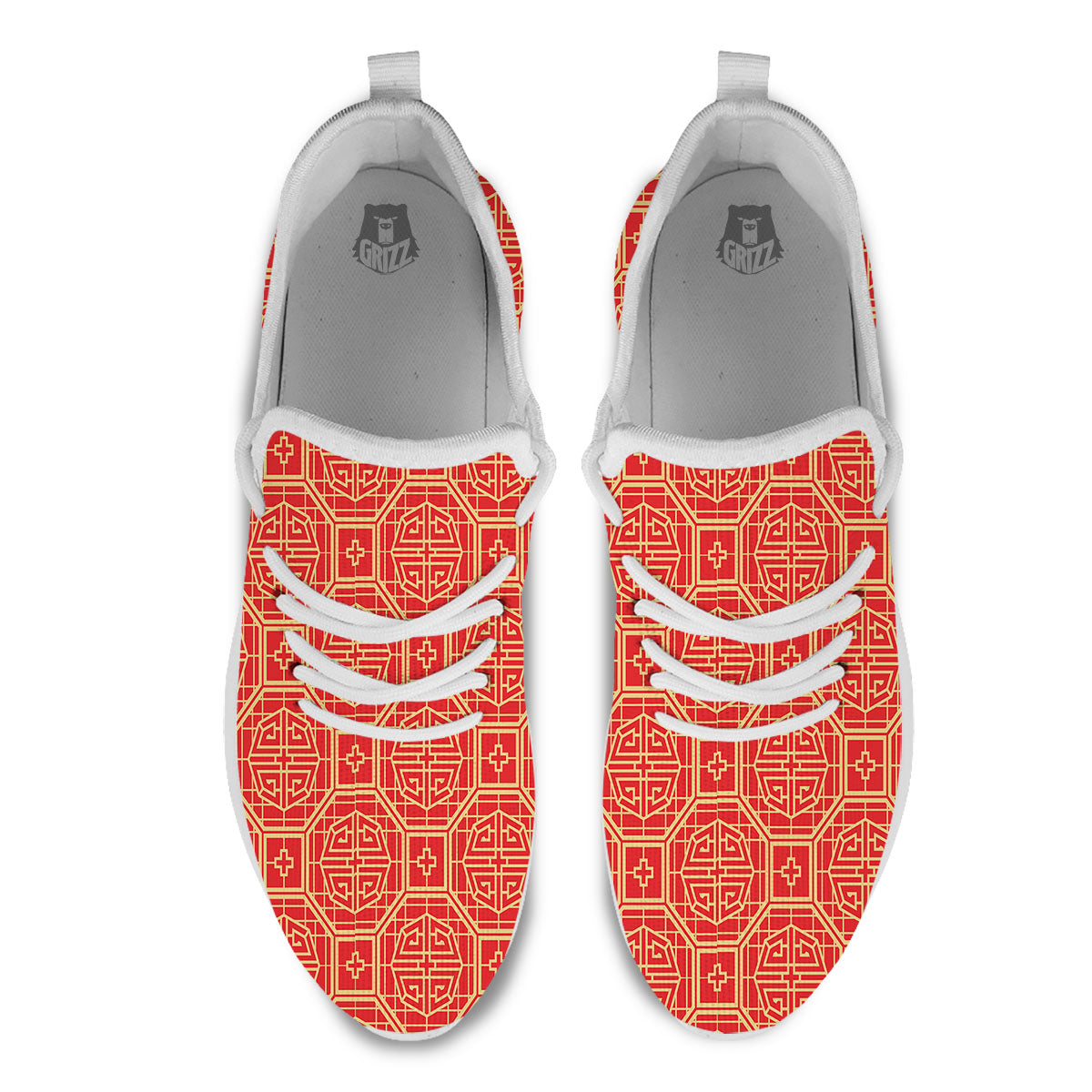 Japanese Red Geometric Print Pattern White Athletic Shoes-grizzshop