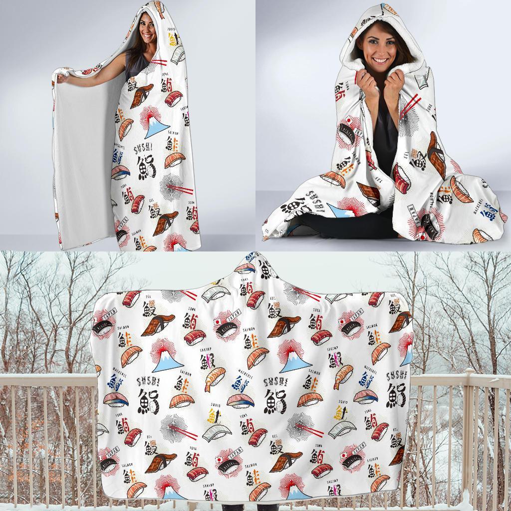 Japanese Sushi Kawaii Pattern Print Hooded Blanket-grizzshop