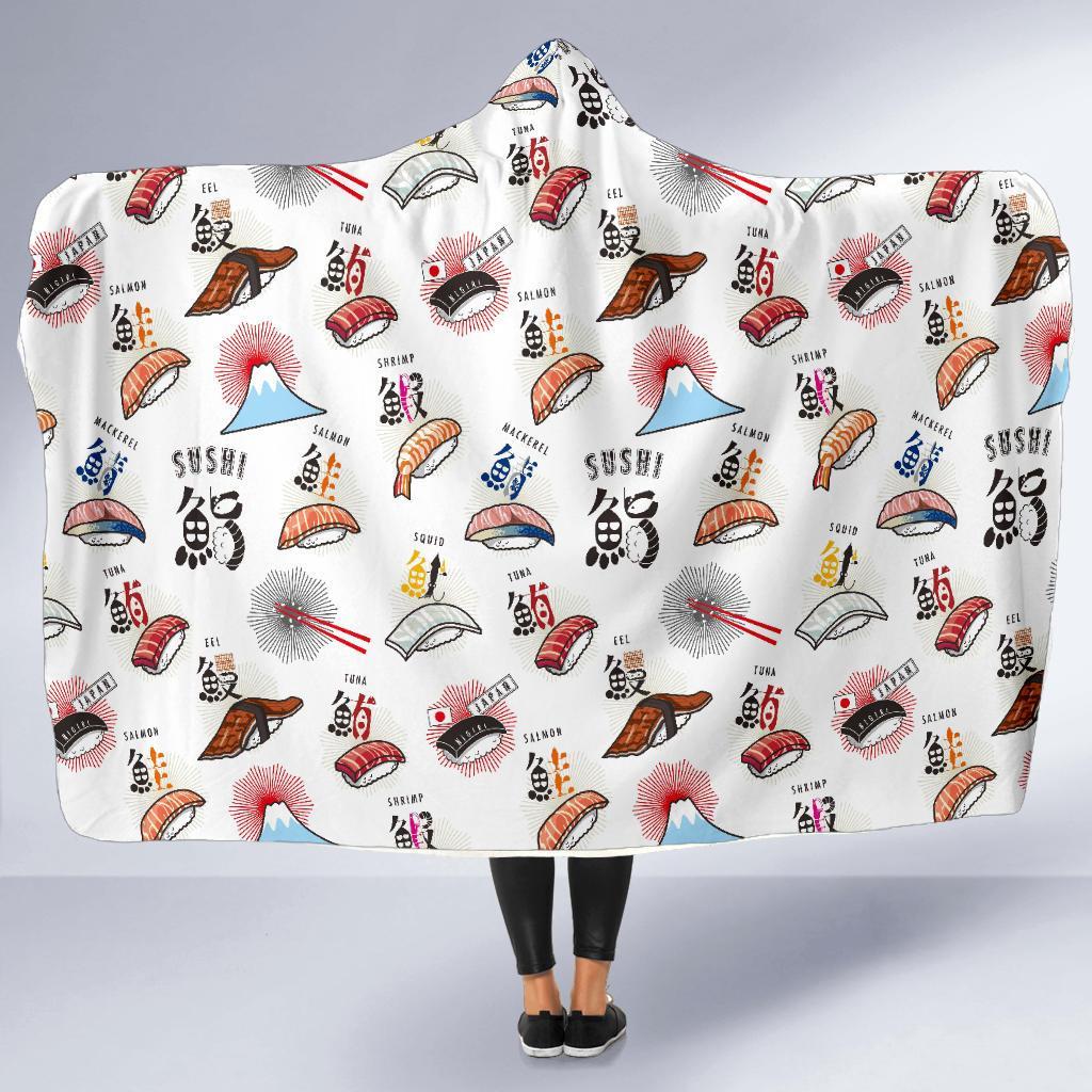 Japanese Sushi Kawaii Pattern Print Hooded Blanket-grizzshop