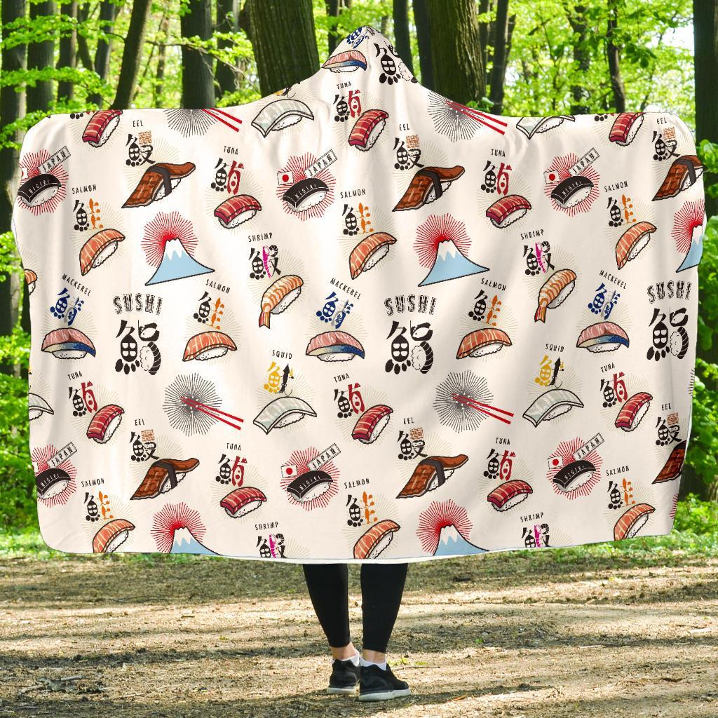 Japanese Sushi Kawaii Pattern Print Hooded Blanket-grizzshop