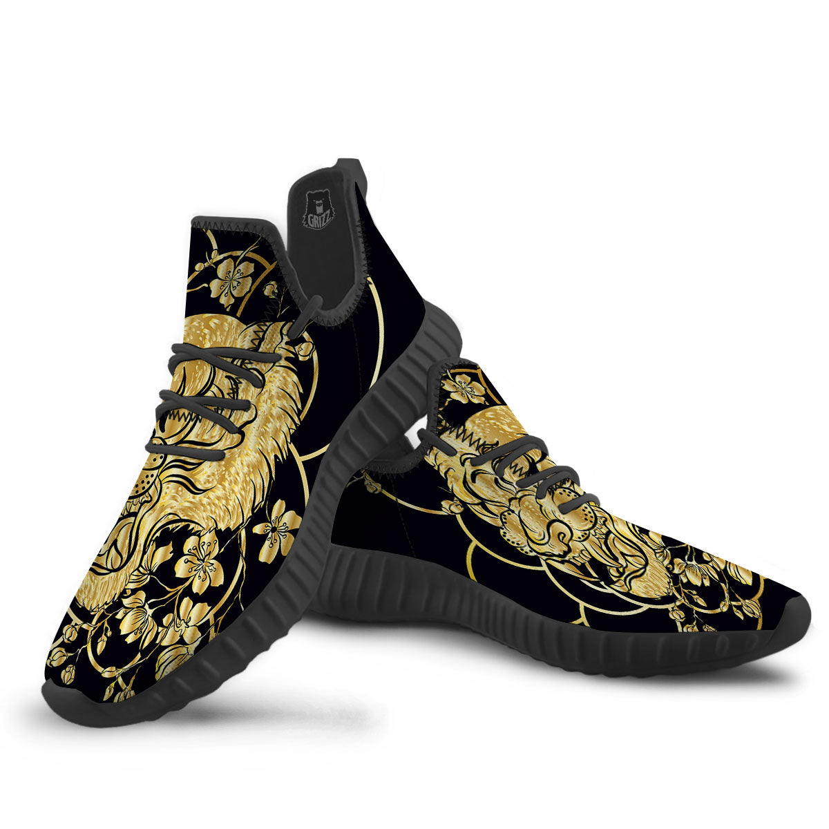 Japanese Tiger Gold And Black Print Black Walking Shoes-grizzshop