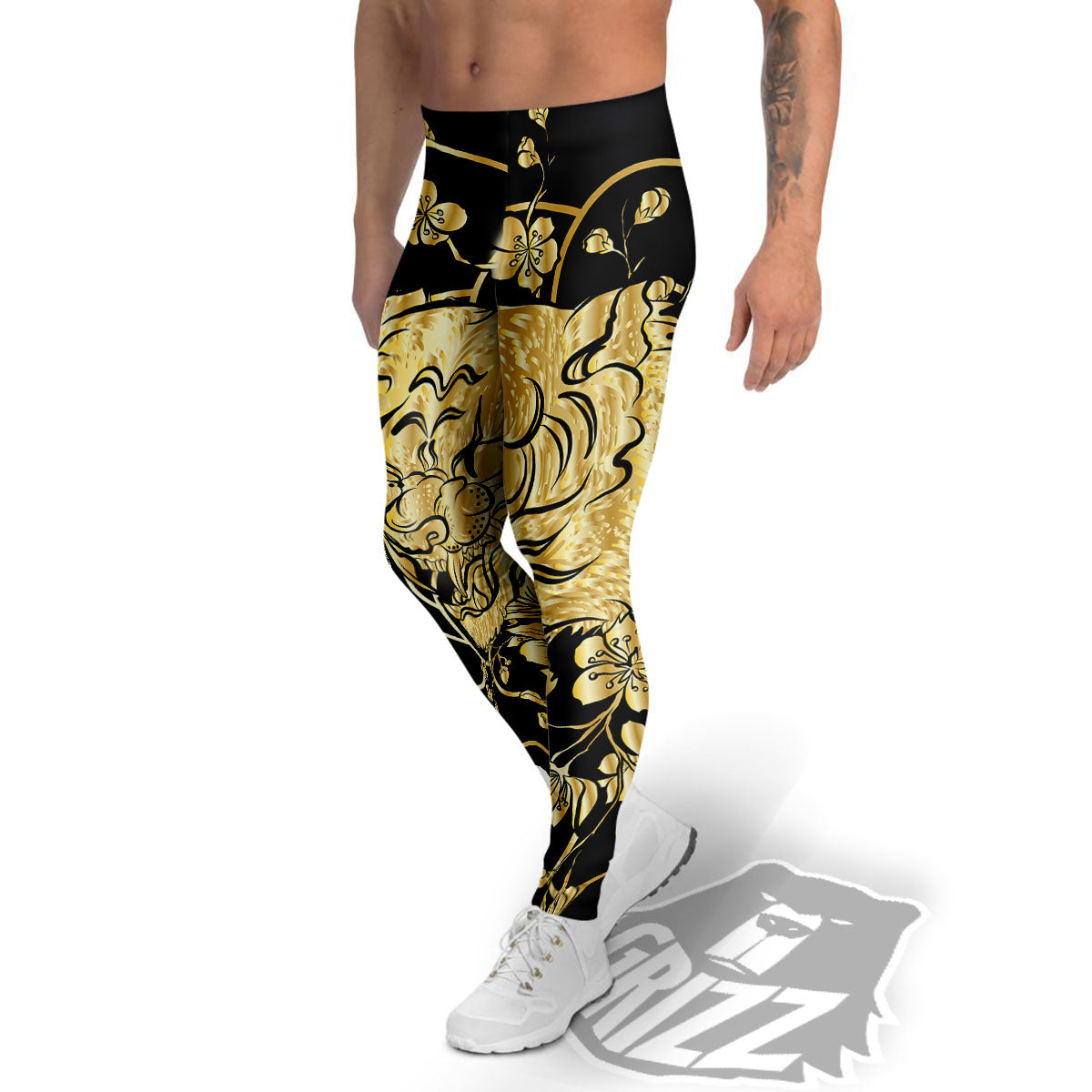 Japanese Tiger Gold And Black Print Men's Leggings-grizzshop