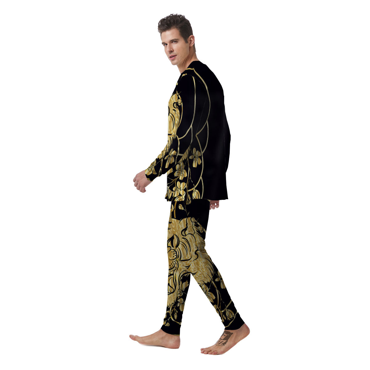 Japanese Tiger Gold And Black Print Men's Pajamas-grizzshop