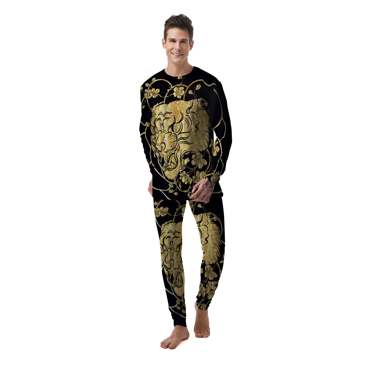 Japanese Tiger Gold And Black Print Men's Pajamas-grizzshop