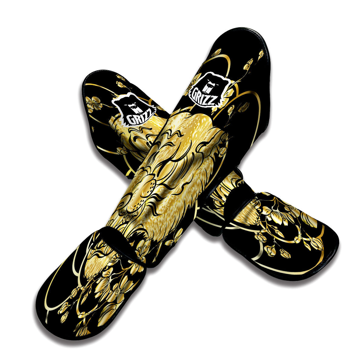 Japanese Tiger Gold And Black Print Muay Thai Shin Guards-grizzshop