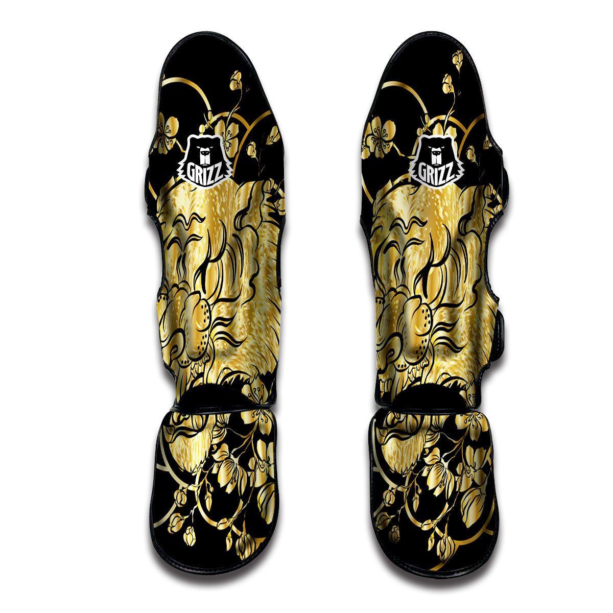 Japanese Tiger Gold And Black Print Muay Thai Shin Guards-grizzshop