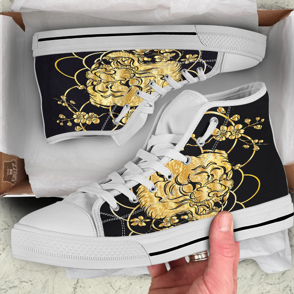 Japanese Tiger Gold And Black Print White High Top Shoes-grizzshop