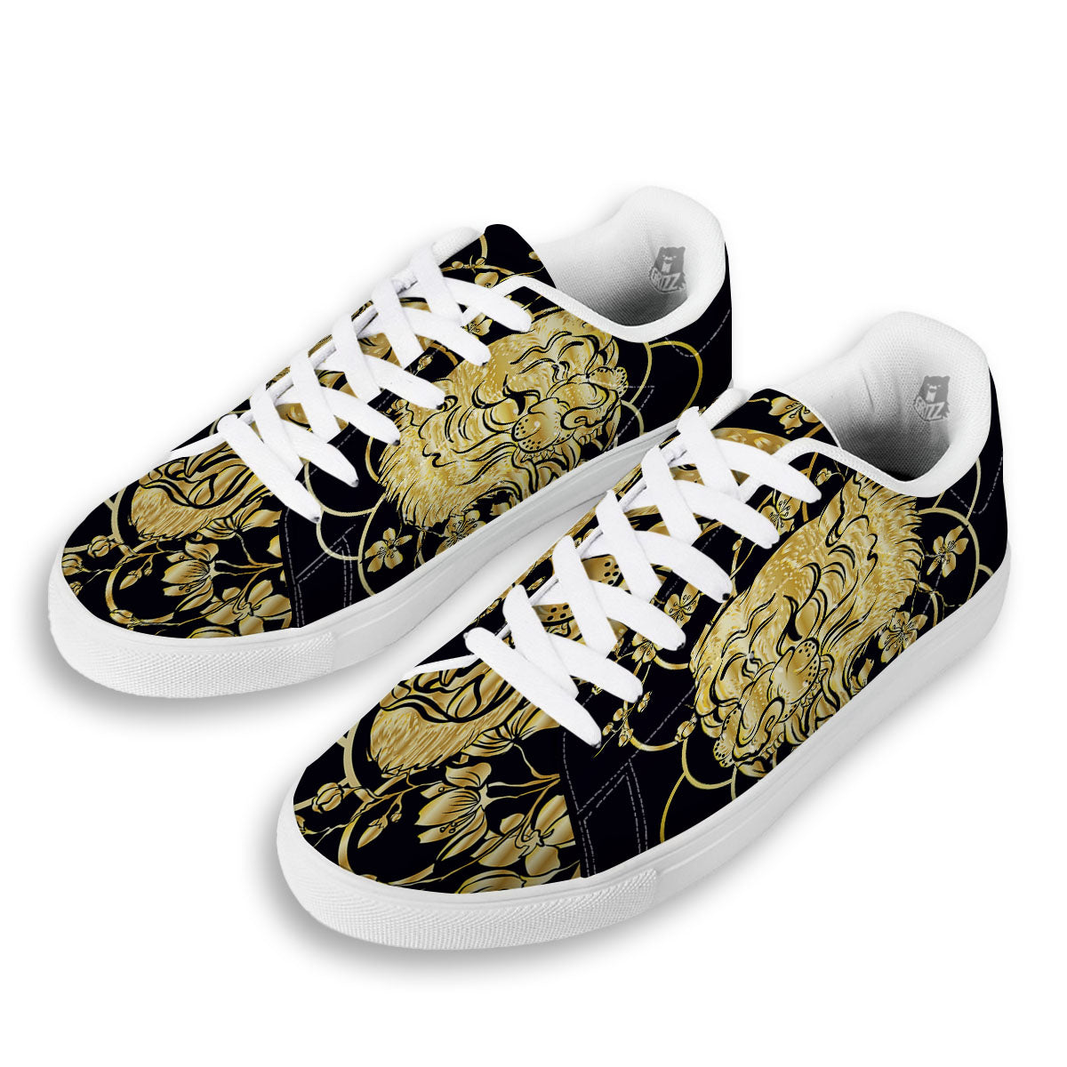 Japanese Tiger Gold And Black Print White Low Top Sneakers-grizzshop