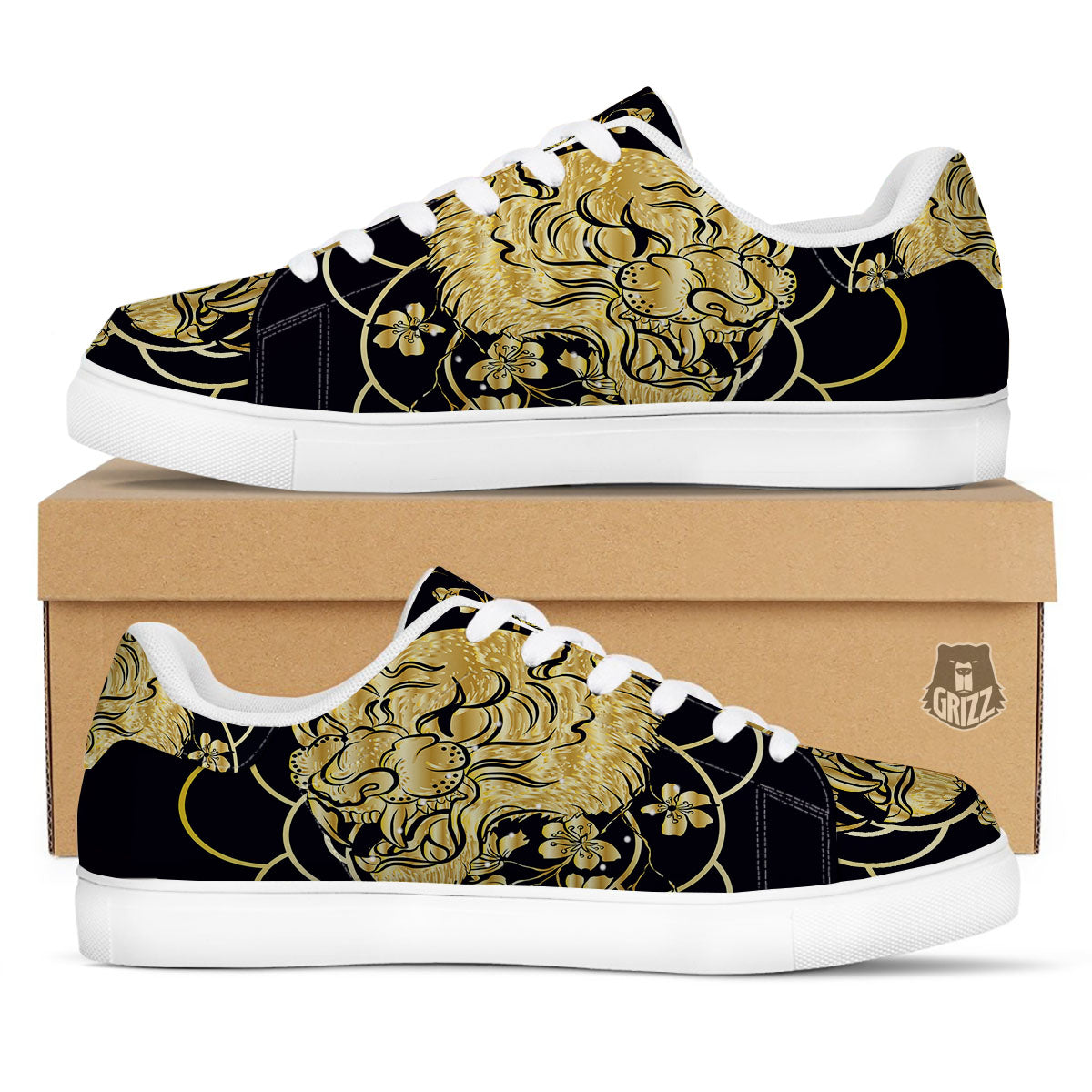 Japanese Tiger Gold And Black Print White Low Top Sneakers-grizzshop